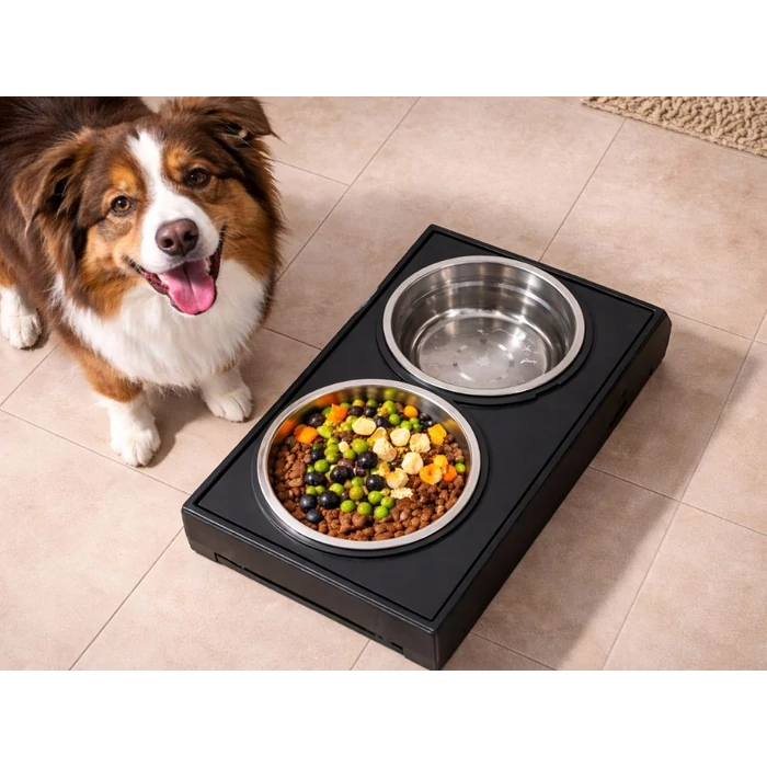 Dupla etetőtál kutyáknak és macskáknak kihajtható lábakkal