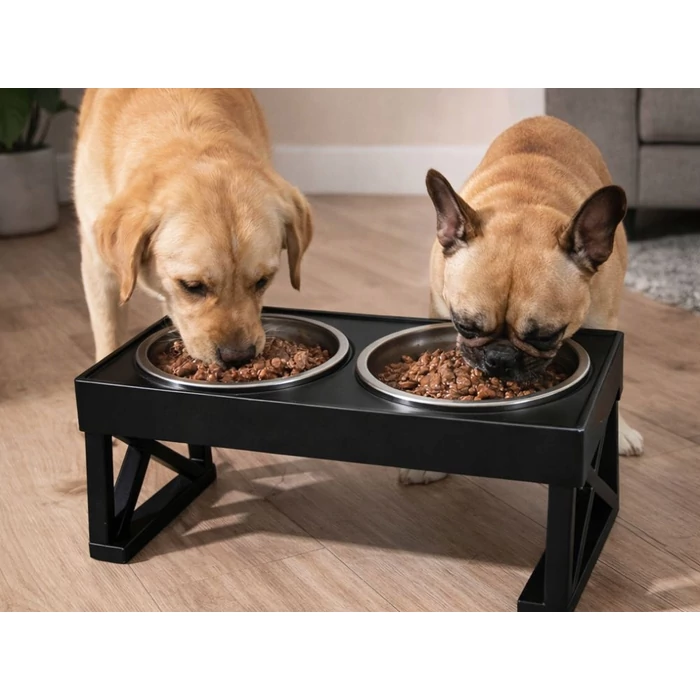 Dupla etetőtál kutyáknak és macskáknak kihajtható lábakkal