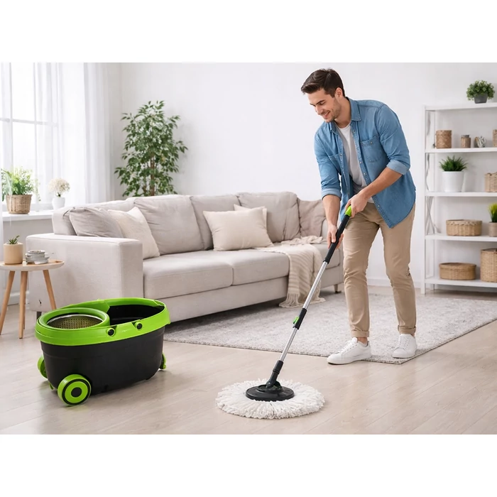 Forgófejes felmosó szett kerekes vödörrel, centrifugáló mechanizmussal