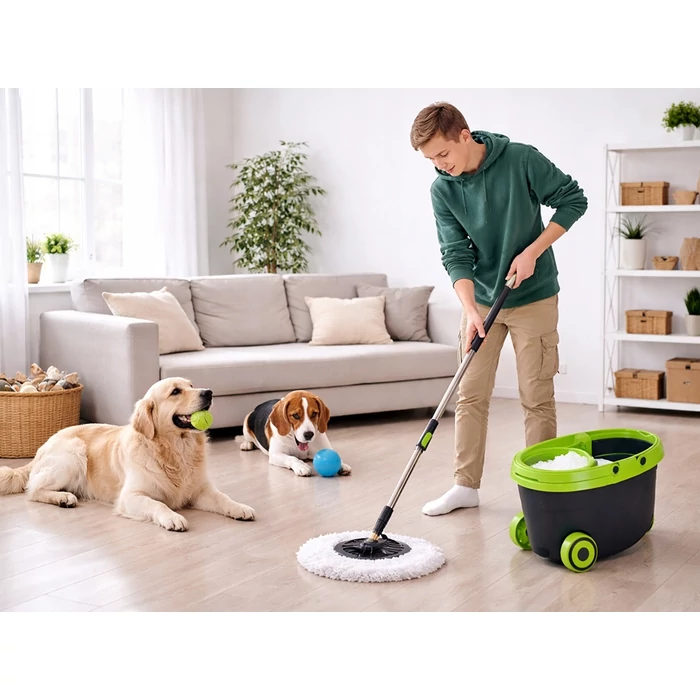 Forgófejes felmosó szett kerekes vödörrel, centrifugáló mechanizmussal