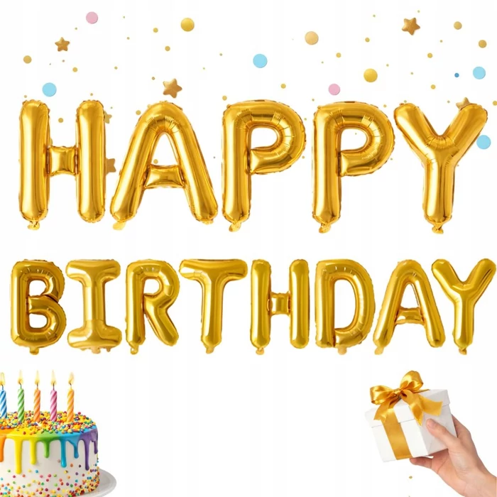 HAPPY BIRTHDAY feliratú fólia lufik születésnapi partihoz, aranysárga