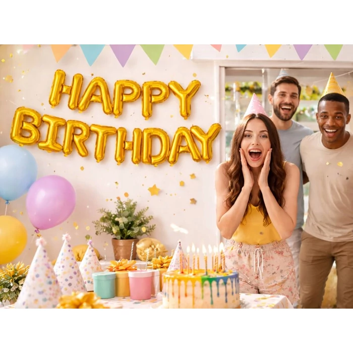 HAPPY BIRTHDAY feliratú fólia lufik születésnapi partihoz, aranysárga