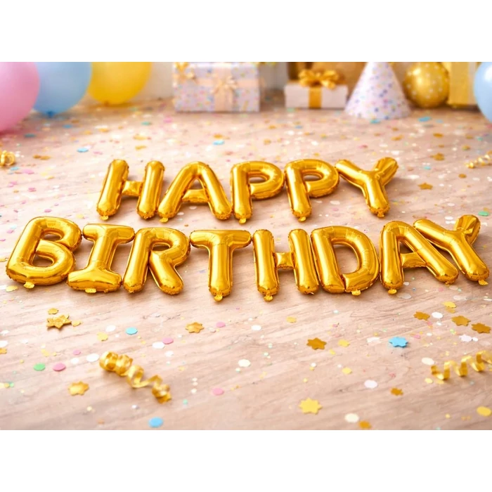 HAPPY BIRTHDAY feliratú fólia lufik születésnapi partihoz, aranysárga