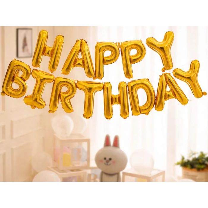 HAPPY BIRTHDAY feliratú fólia lufik születésnapi partihoz, aranysárga