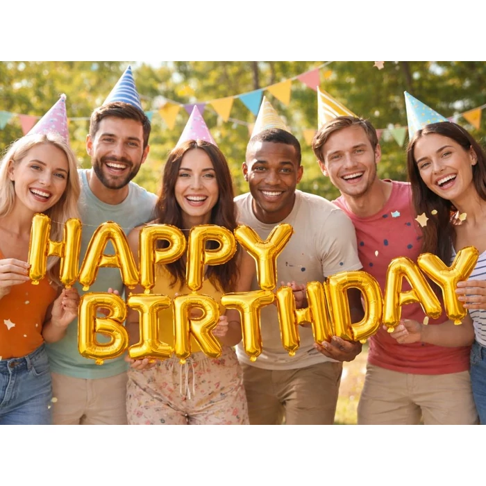 HAPPY BIRTHDAY feliratú fólia lufik születésnapi partihoz, aranysárga