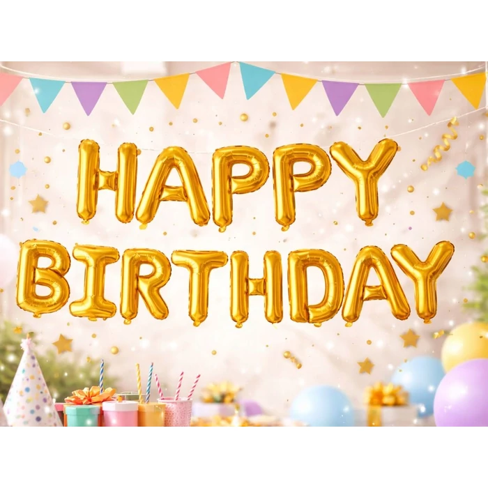 HAPPY BIRTHDAY feliratú fólia lufik születésnapi partihoz, aranysárga