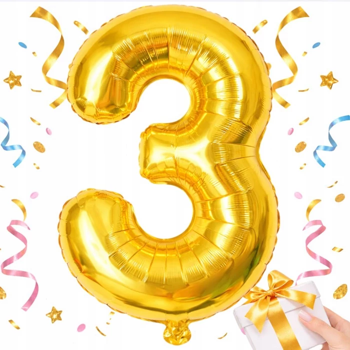 3-as számú fólia lufi születésnapra, aranysárga, 40 x 70 cm