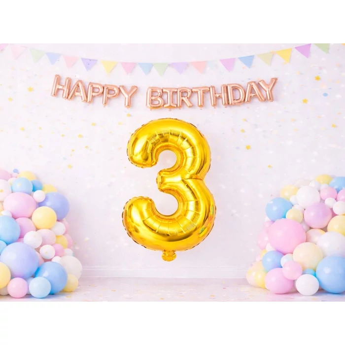 3-as számú fólia lufi születésnapra, aranysárga, 40 x 70 cm