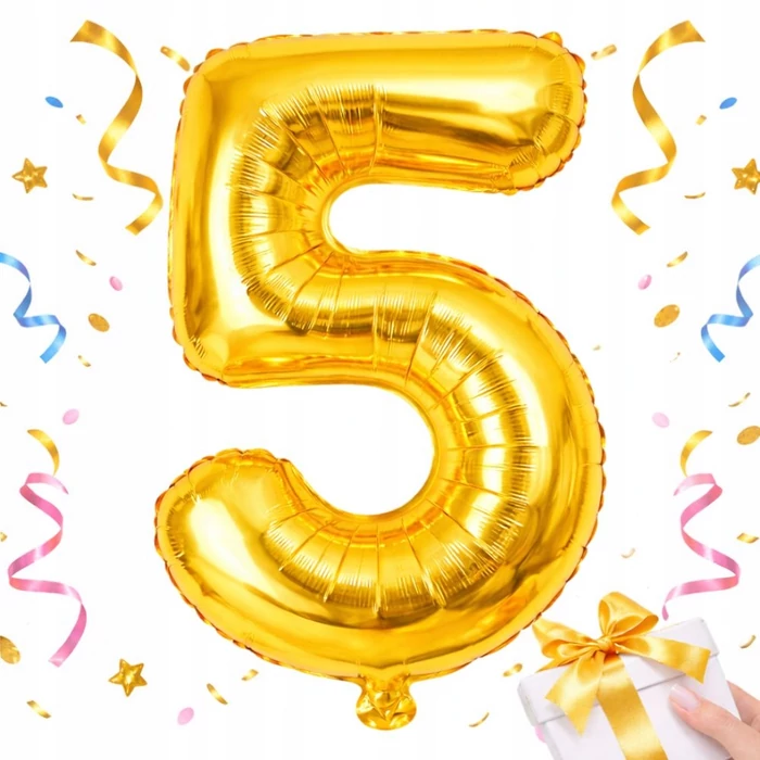 5-ös számú fólia lufi születésnapra, aranysárga, 40 x 70 cm