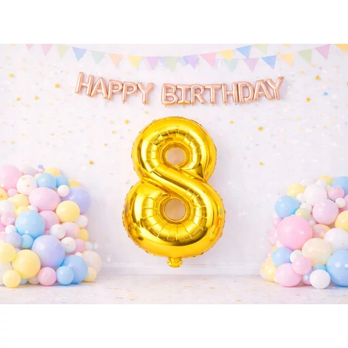 8-as számú fólia lufi születésnapra, aranysárga, 44 x 70 cm
